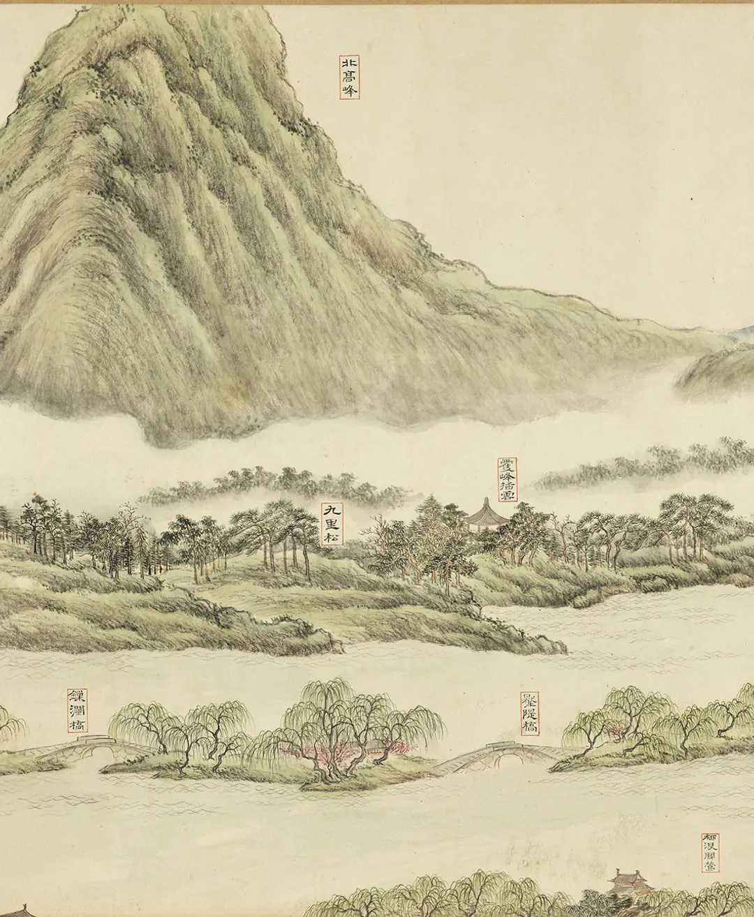 Een traditioneel Chinees schilderij dat een sereen landschap met bergen, bomen en een rivier afbeeldt.