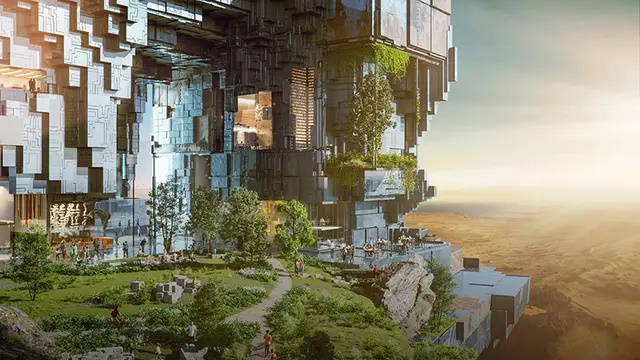 Futuristisch digitaal kunstwerk van een enorme structuur met groen, wandelende mensen en een uitgestrekt woestijnlandschap onder een stralende zon.