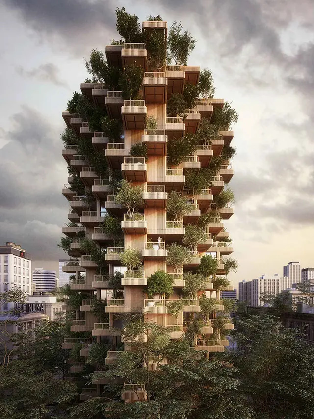 Rendering van een moderne hoogbouw met bomen op balkons die lijken op een verticaal bos, tegen een stadsgezicht op de achtergrond.