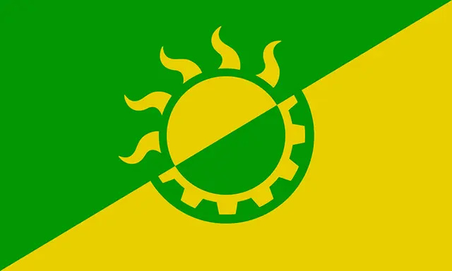 Afbeelding van een zon- en tandwielmotief diagonaal verdeeld, groen linksboven en geel rechtsonder.